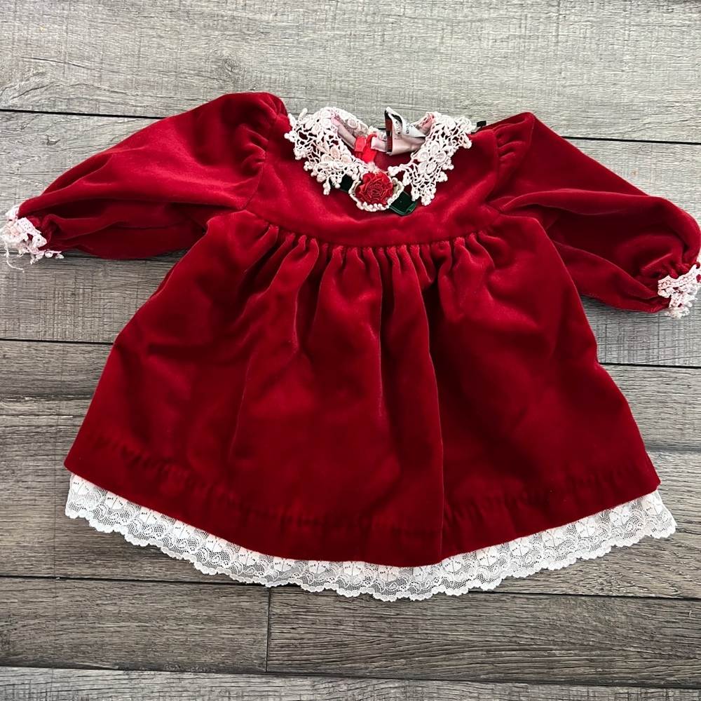 Vintage good lad 6-9 month red velvet dress with white lace. Made in USA